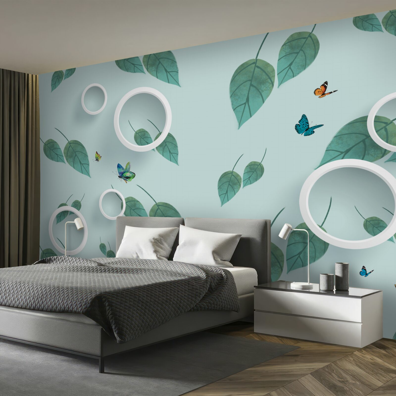 Papier peint Les lépidoptères parmi les feuilles vertes