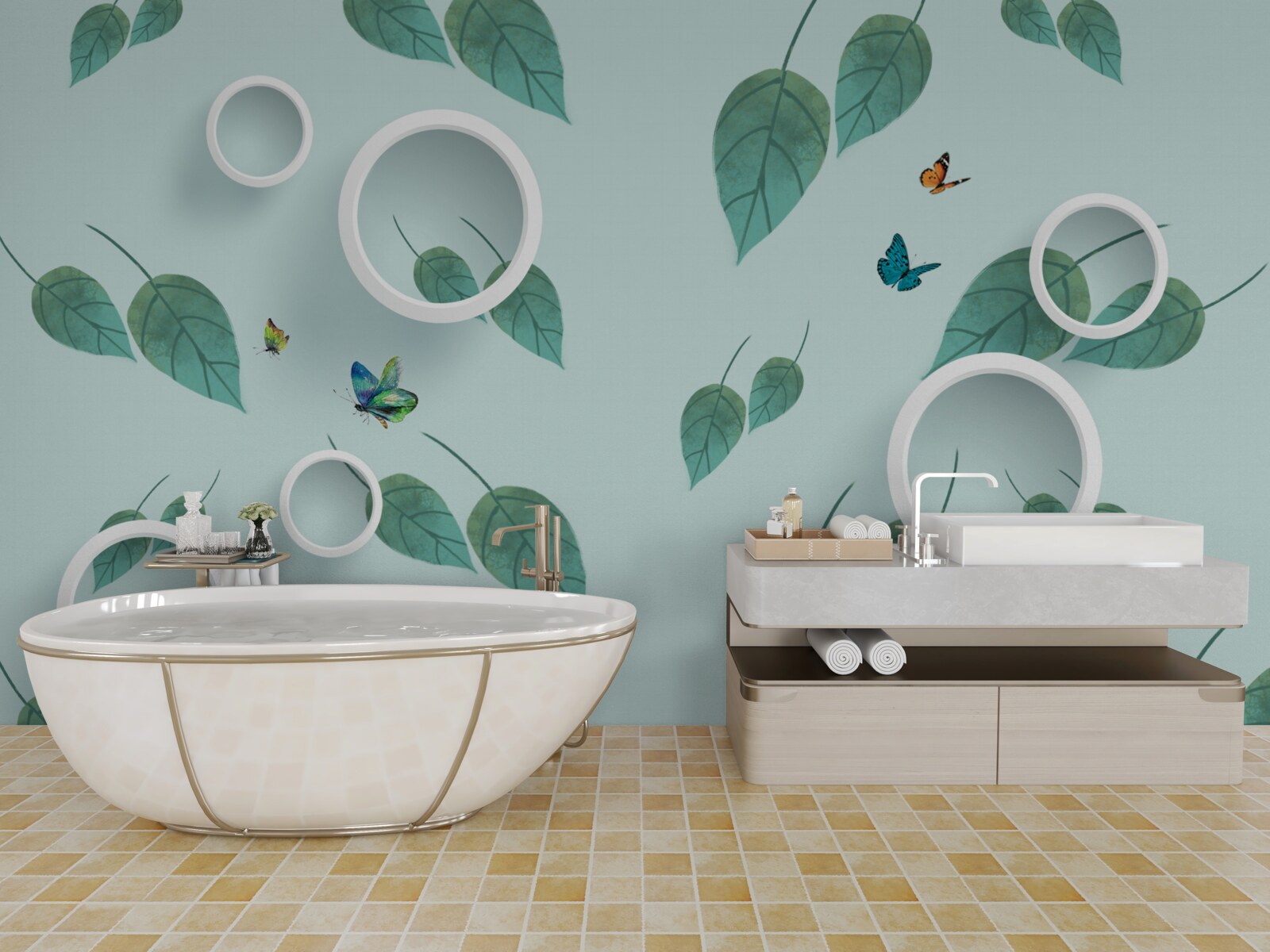 Papier peint Les lépidoptères parmi les feuilles vertes