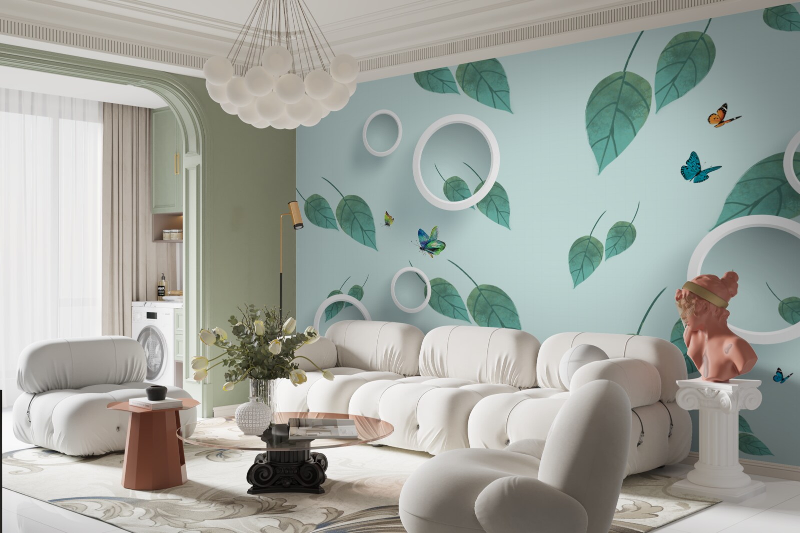 Papier peint Les lépidoptères parmi les feuilles vertes