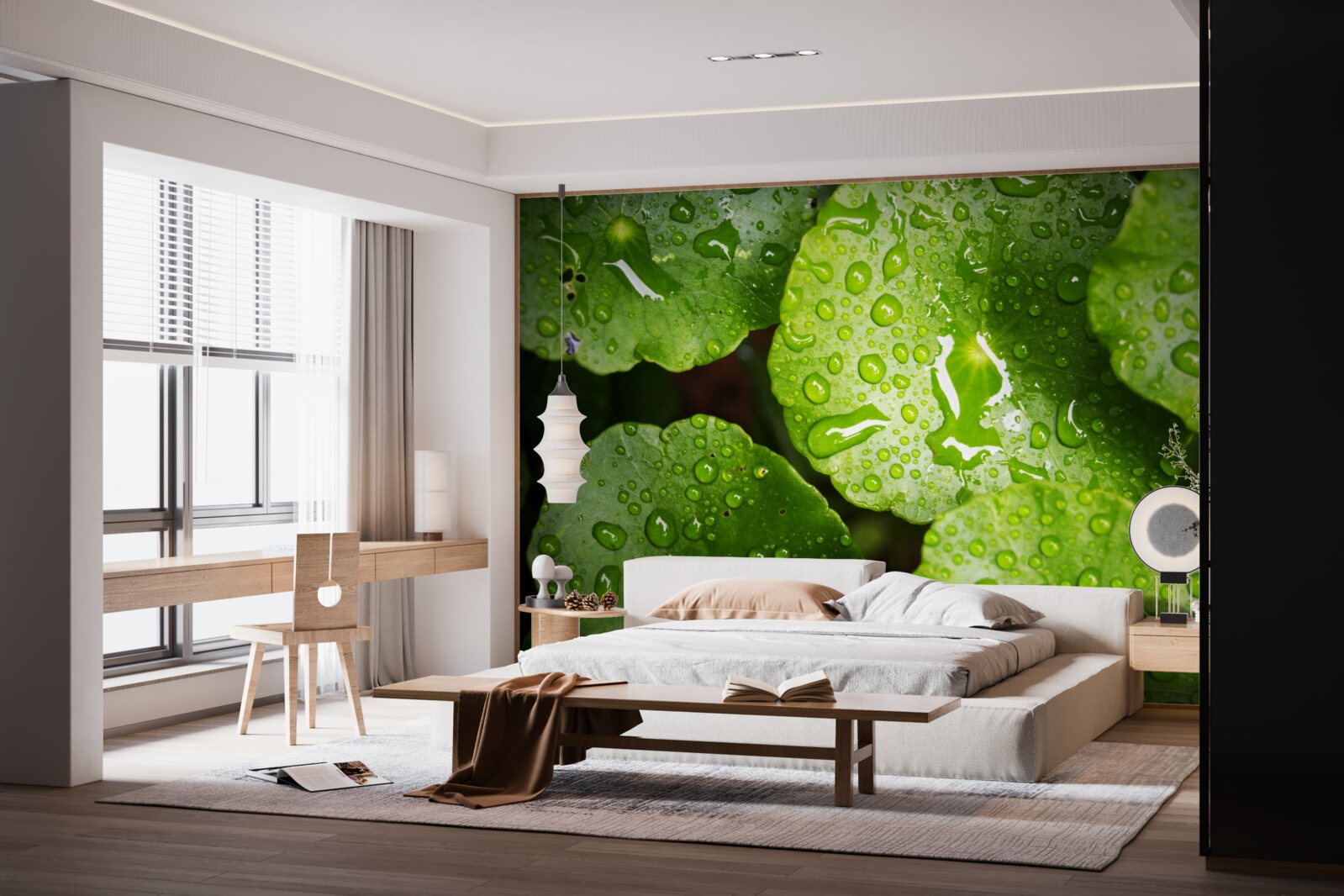 Papier peint les feuilles lavées par les gouttes de pluie ont pris une riche teinte verte