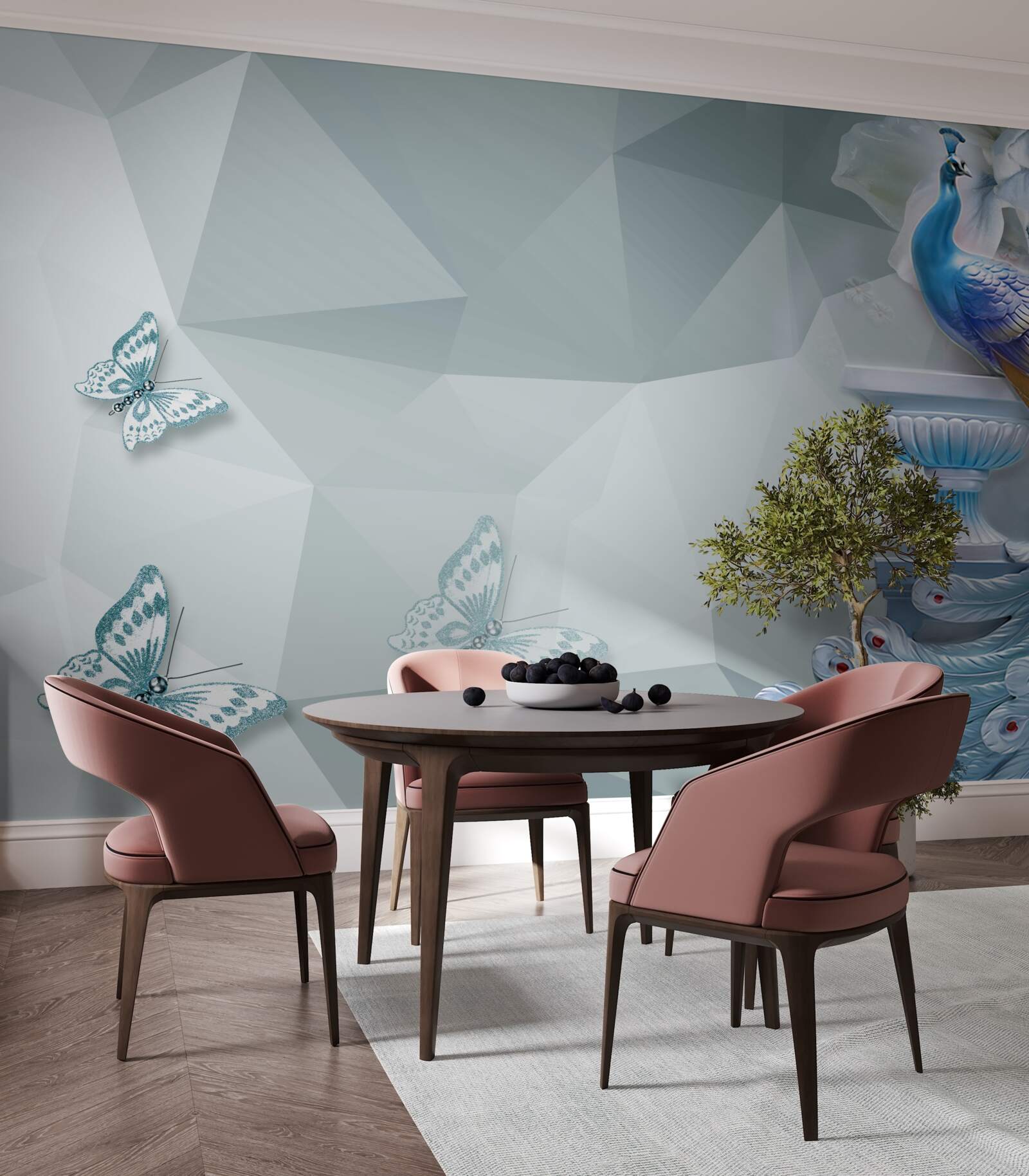 Papier peint magnifique paon et papillons