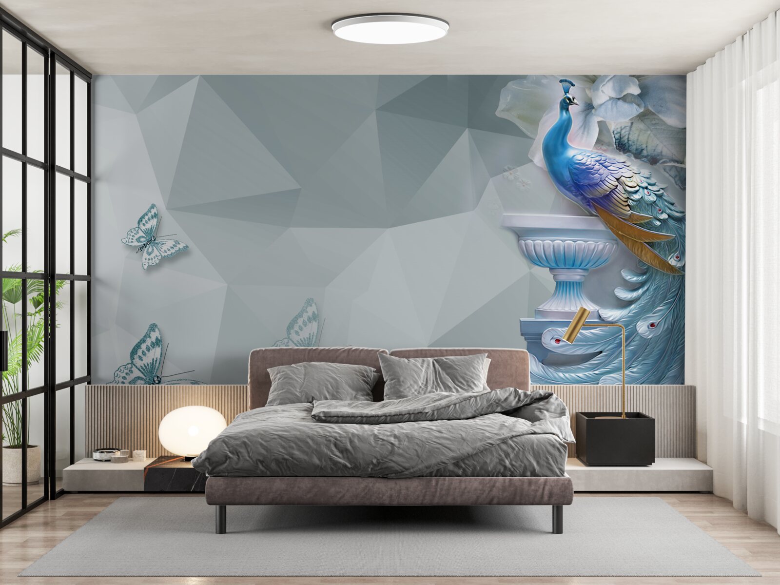 Papier peint magnifique paon et papillons