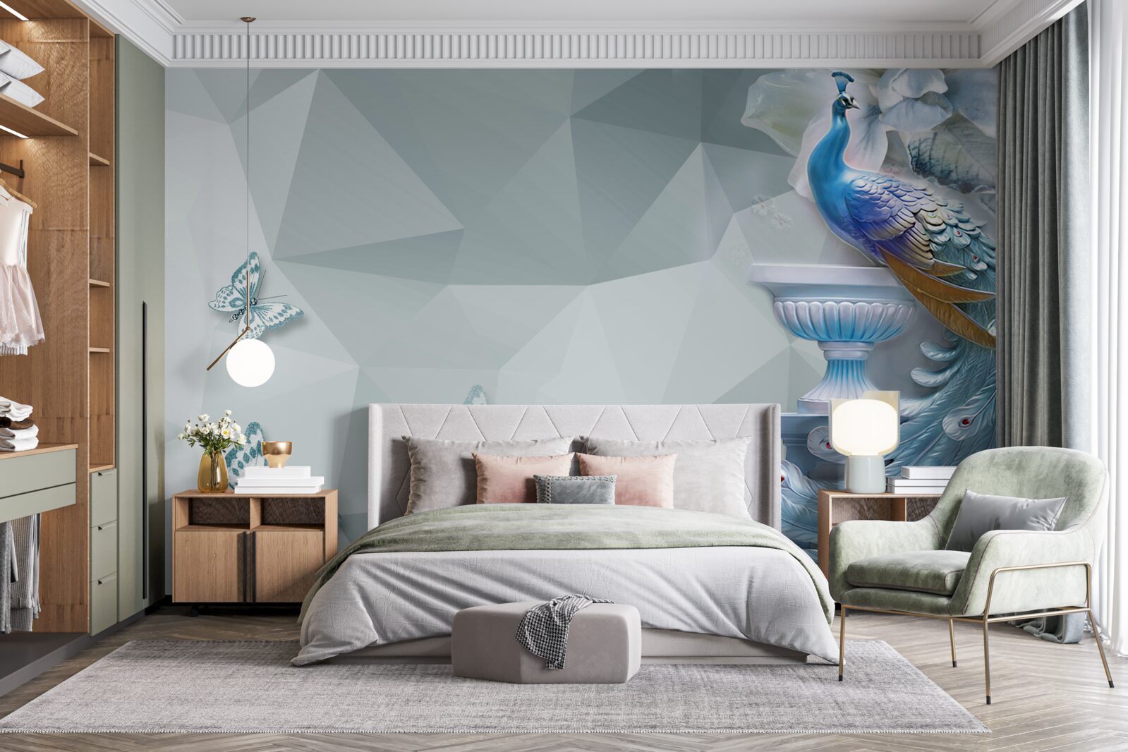 Papier peint magnifique paon et papillons