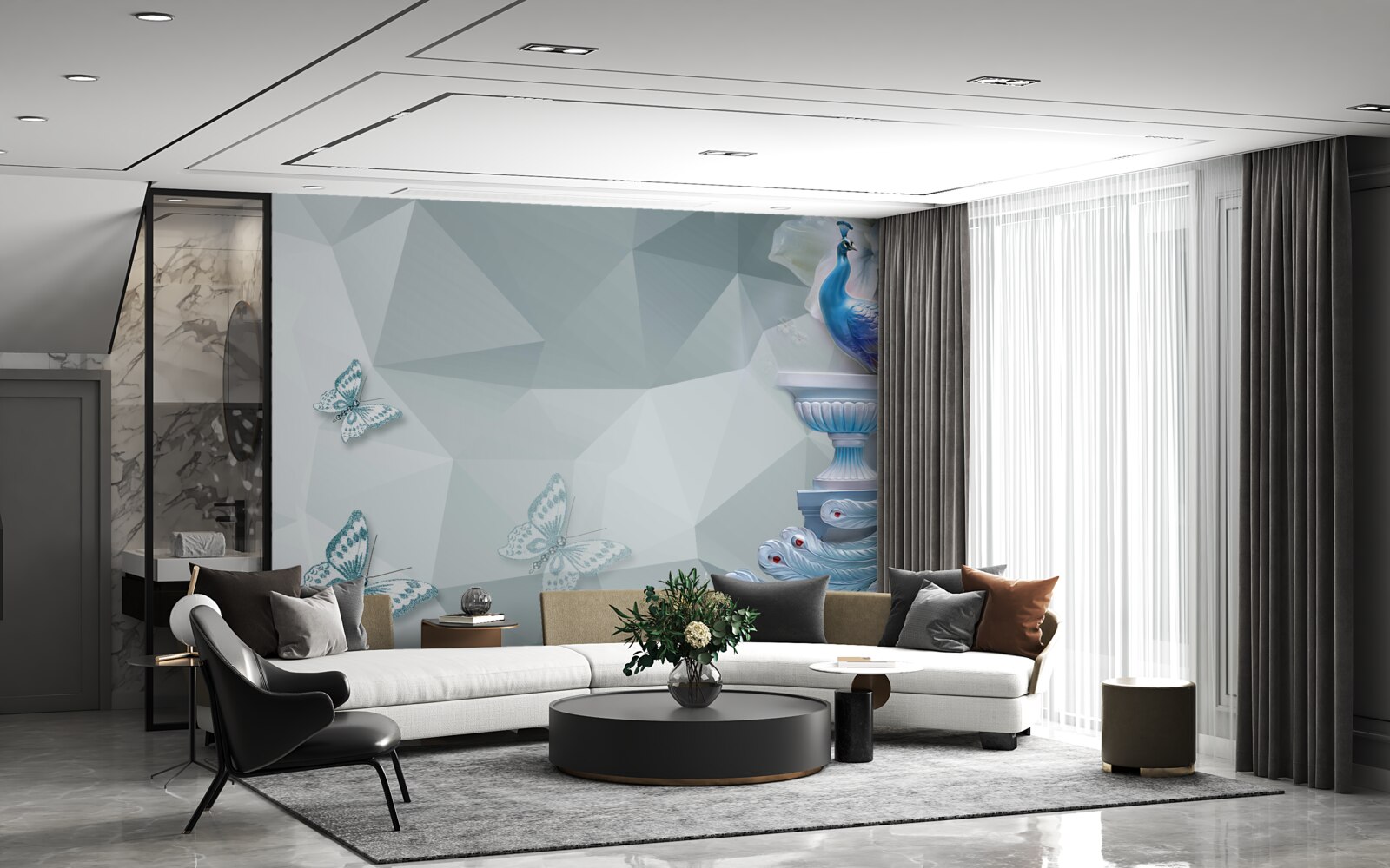 Papier peint magnifique paon et papillons