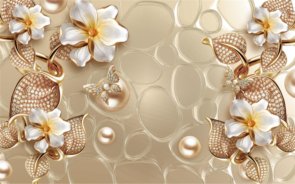 Papier peint perles sur soie développent des branches avec des fleurs blanches