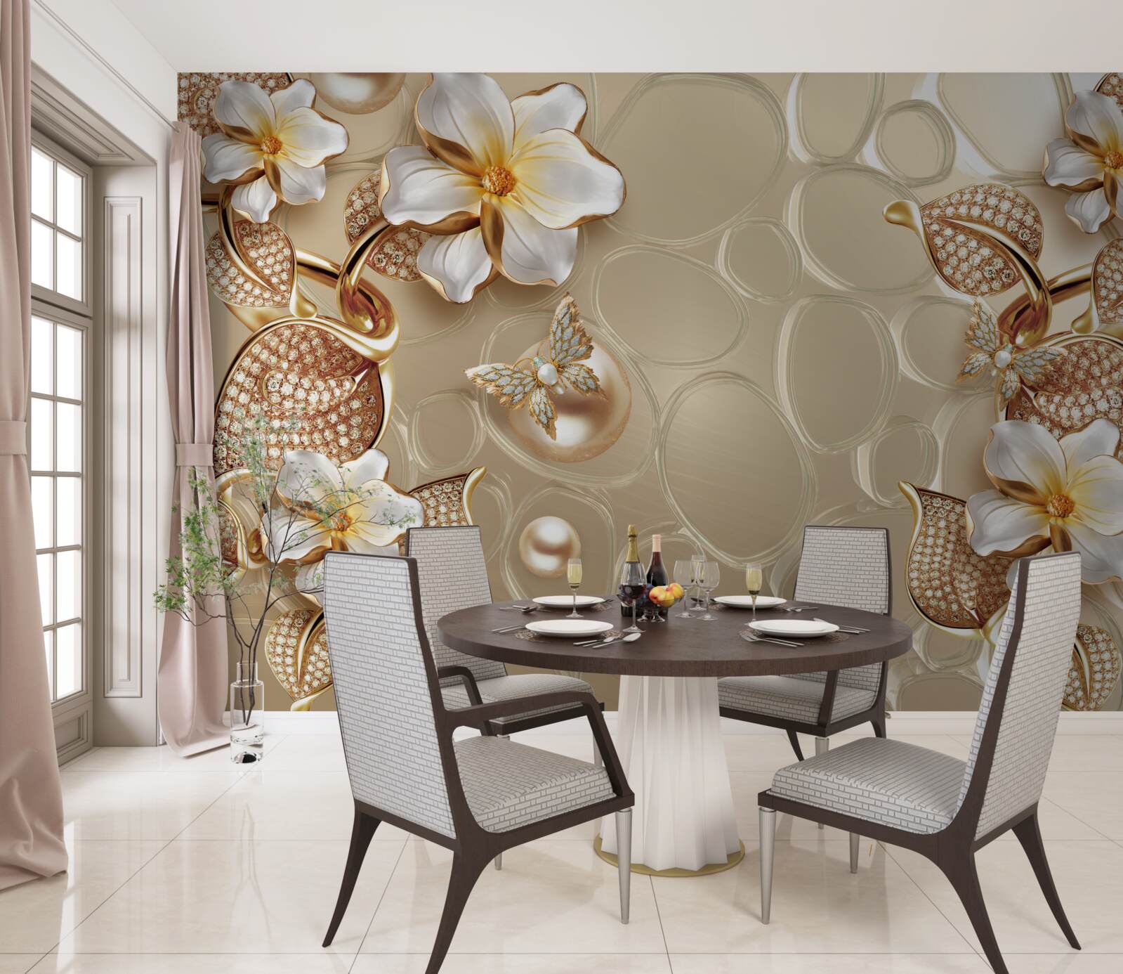 Papier peint perles sur soie développent des branches avec des fleurs blanches