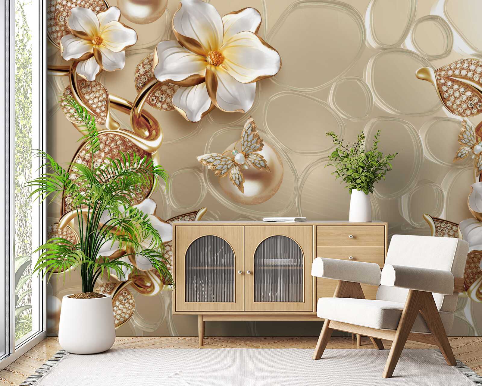 Papier peint perles sur soie développent des branches avec des fleurs blanches