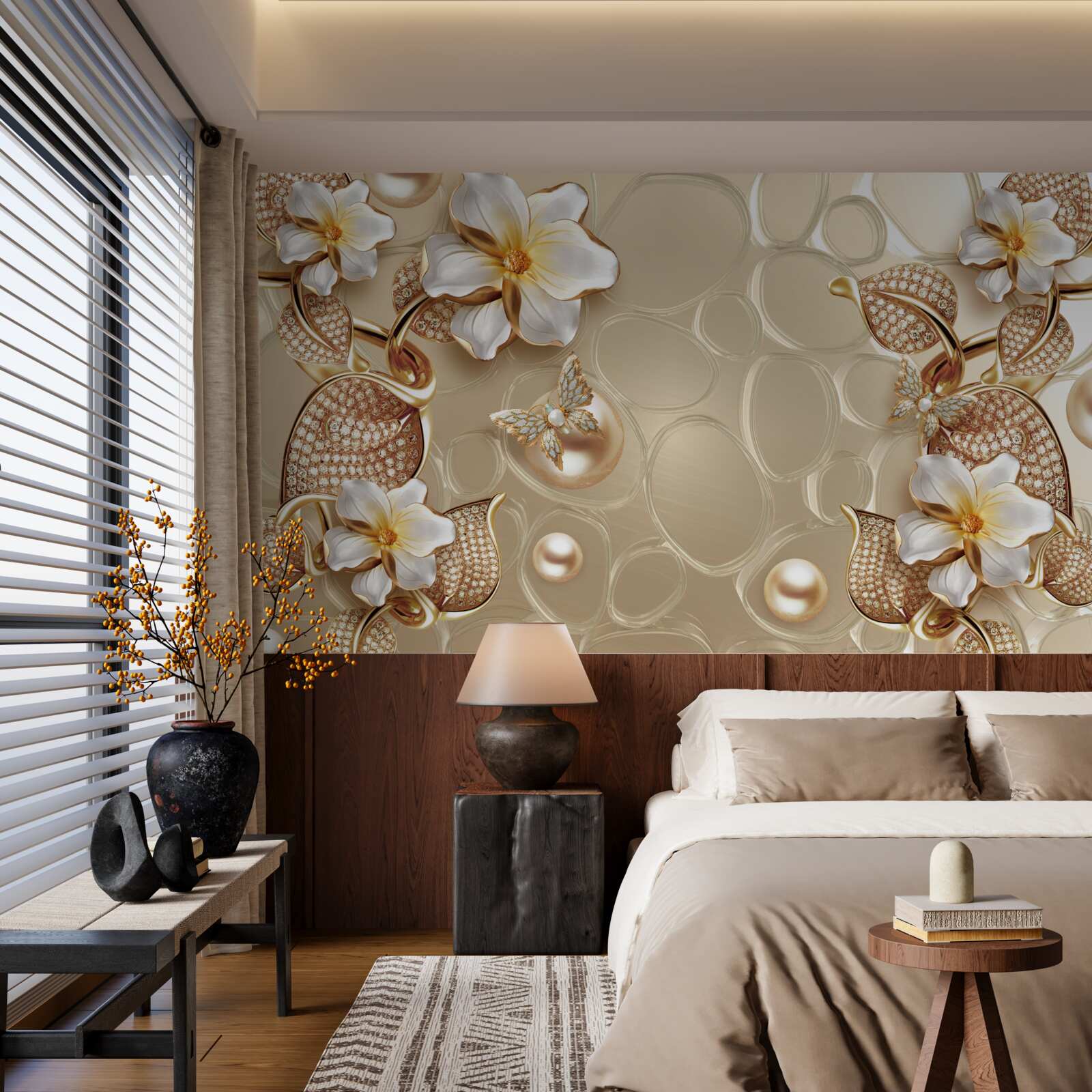 Papier peint perles sur soie développent des branches avec des fleurs blanches