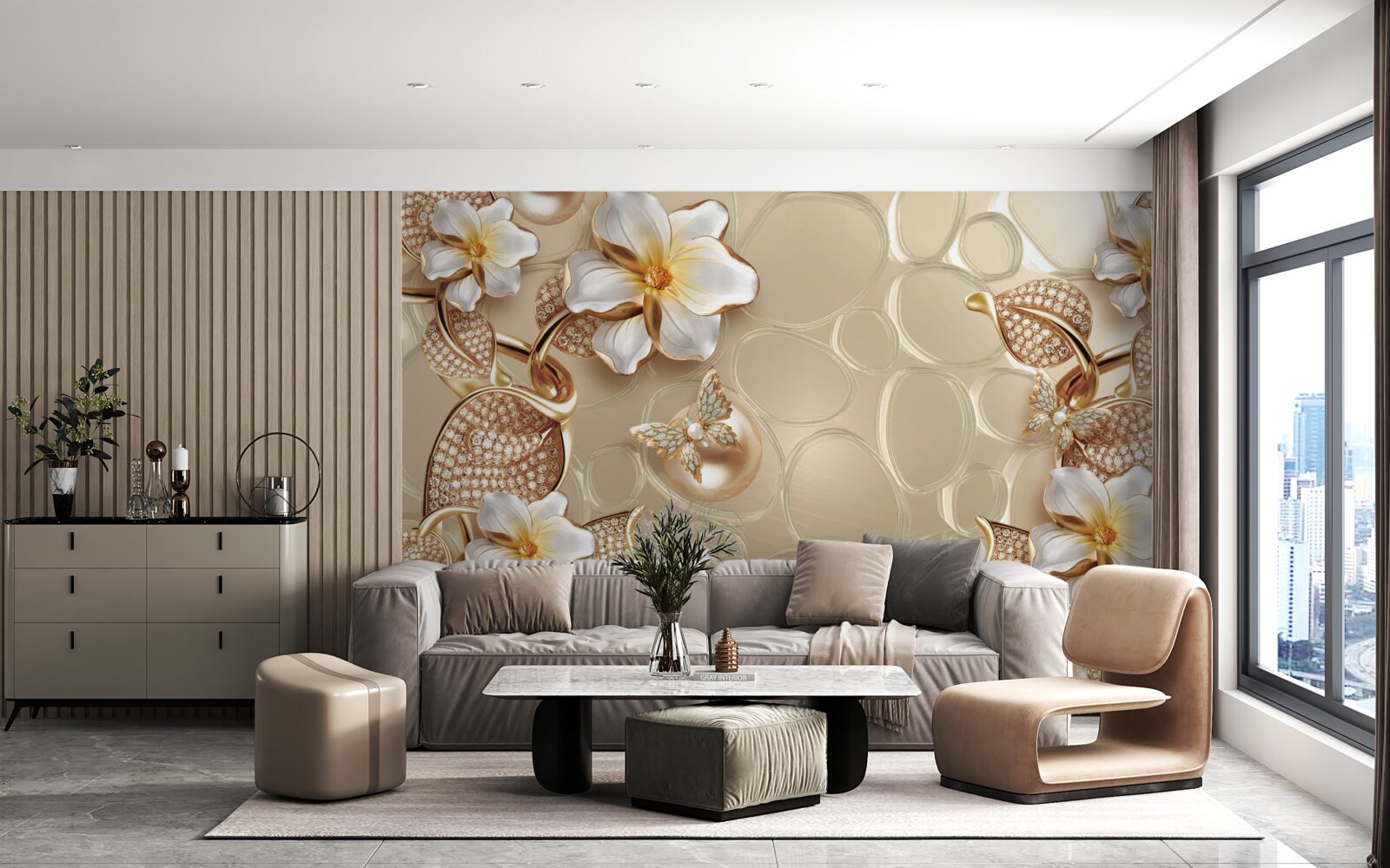 Papier peint perles sur soie développent des branches avec des fleurs blanches