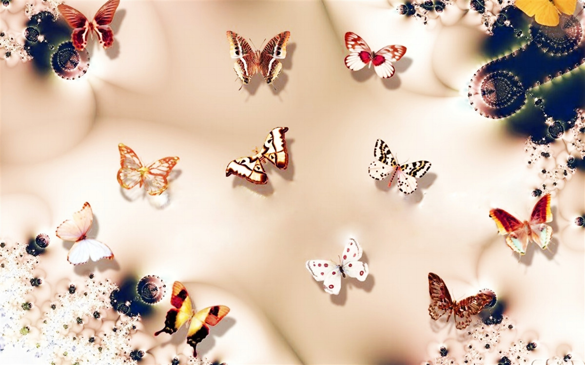 Papier peint papillons de différentes couleurs sur soie rose