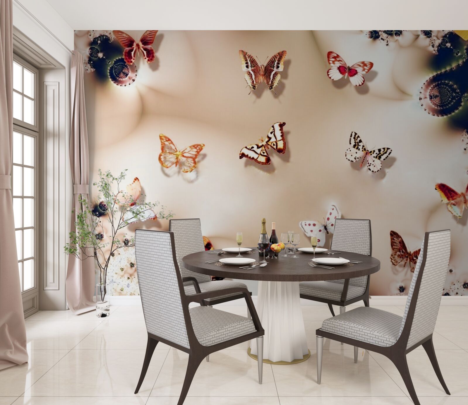 Papier peint papillons de différentes couleurs sur soie rose