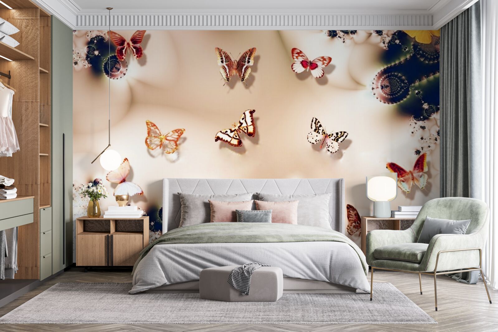 Papier peint papillons de différentes couleurs sur soie rose