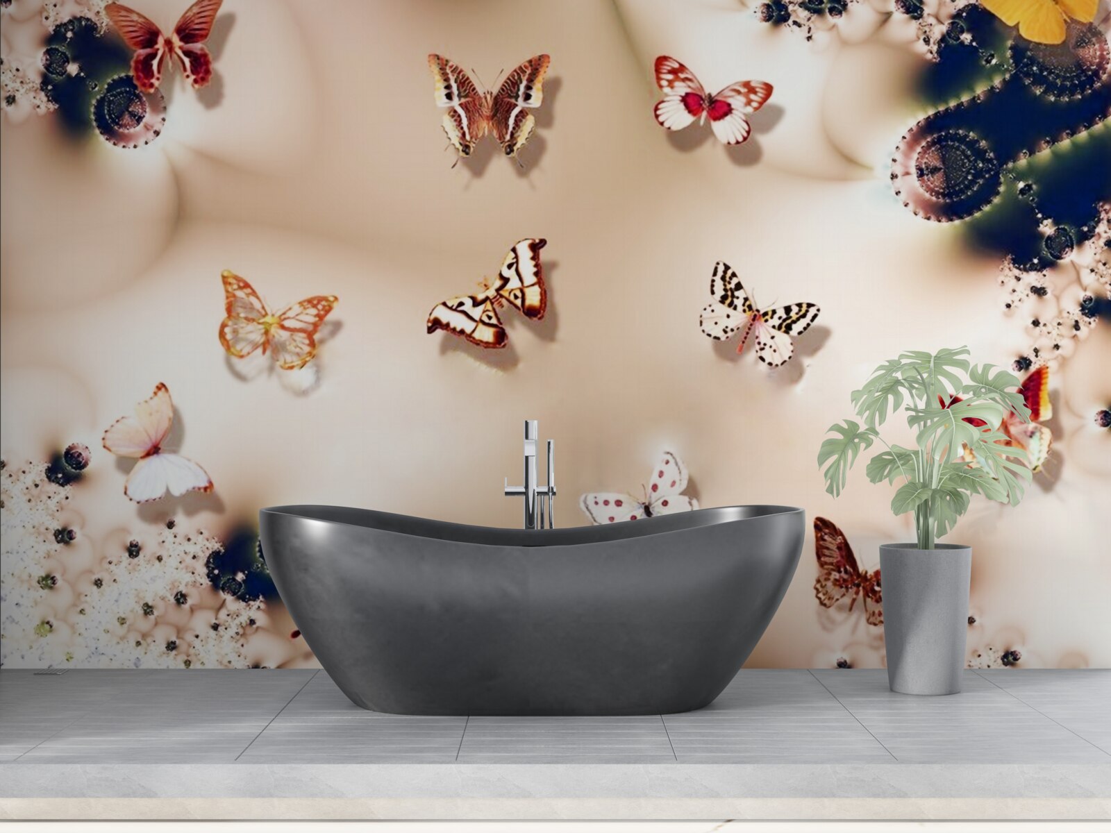 Papier peint papillons de différentes couleurs sur soie rose