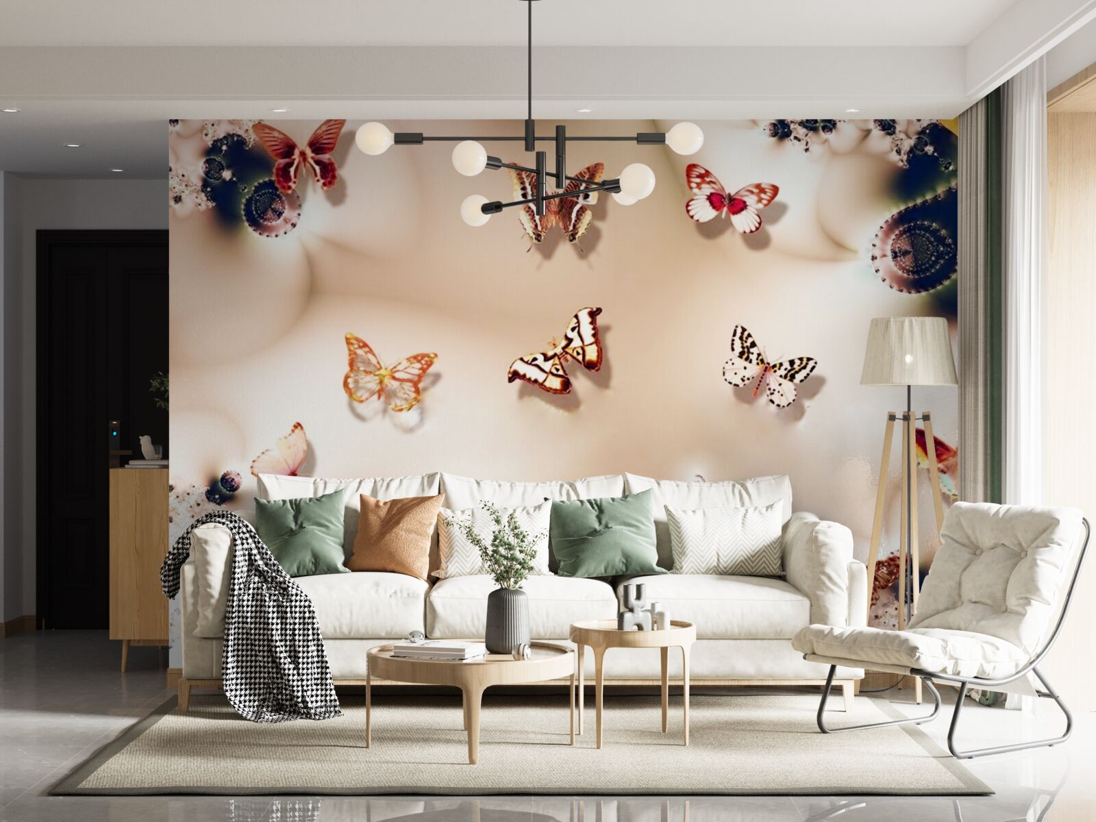 Papier peint papillons de différentes couleurs sur soie rose