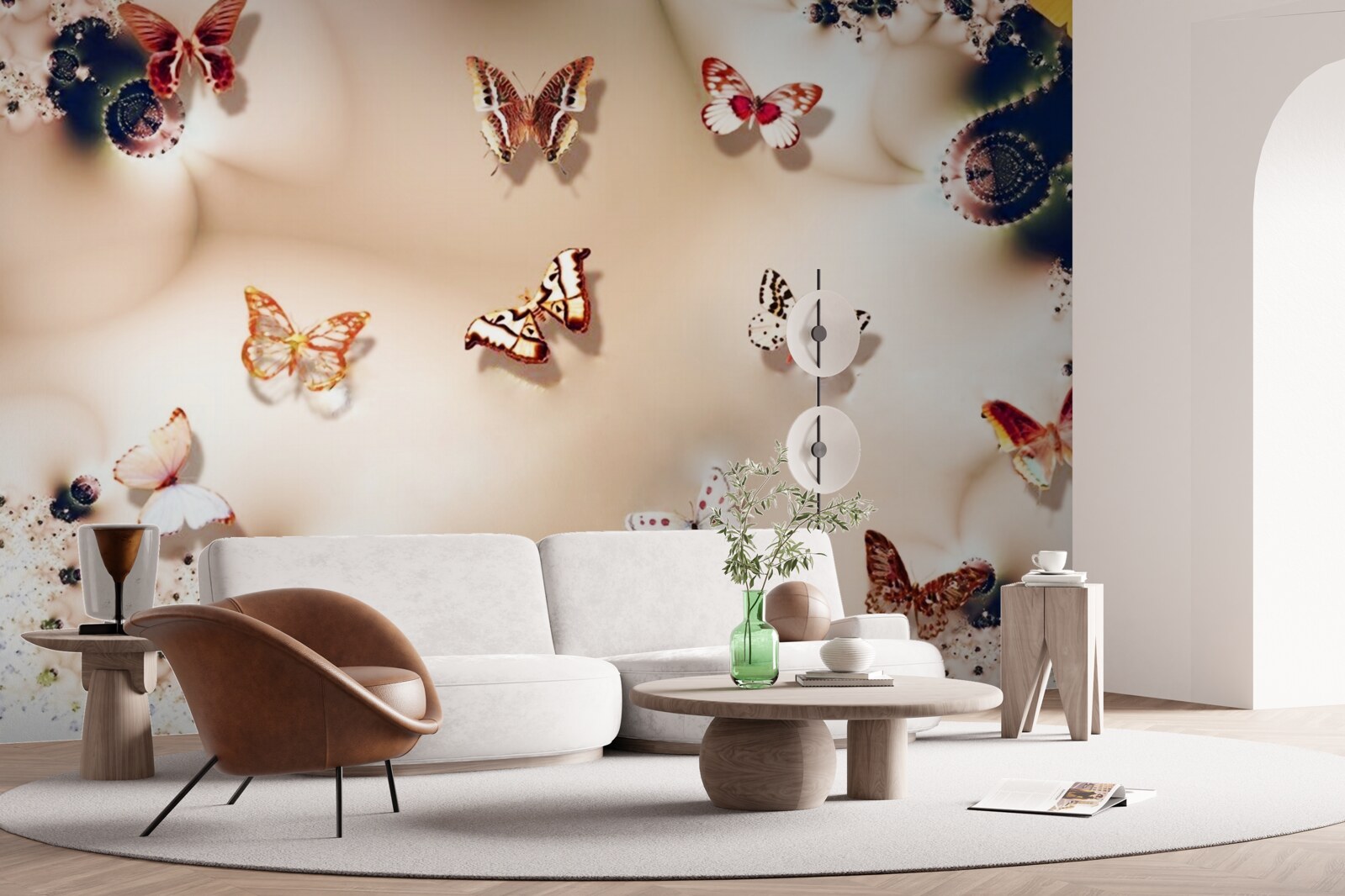 Papier peint papillons de différentes couleurs sur soie rose