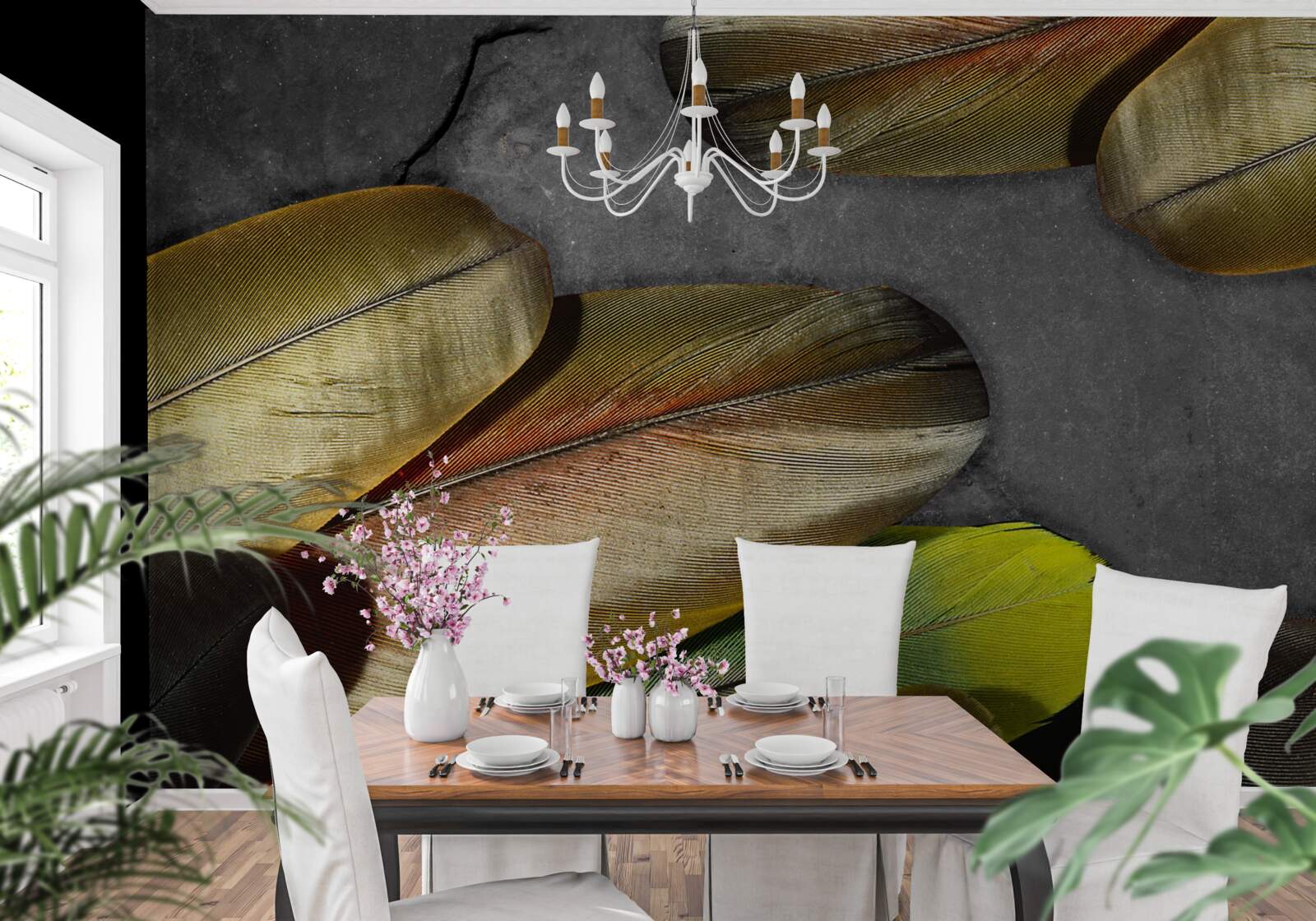 Papier peint plumes dorées scintillantes sur fond gris