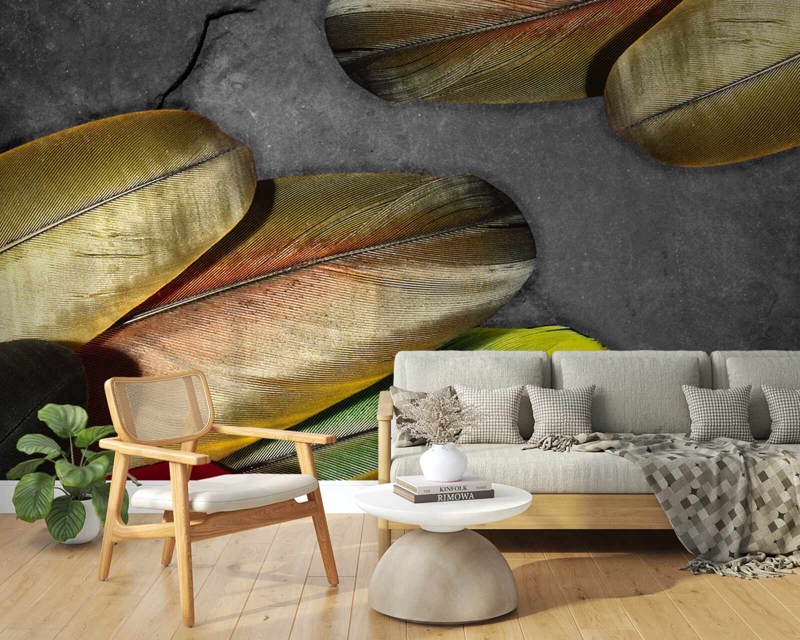 Papier peint plumes dorées scintillantes sur fond gris