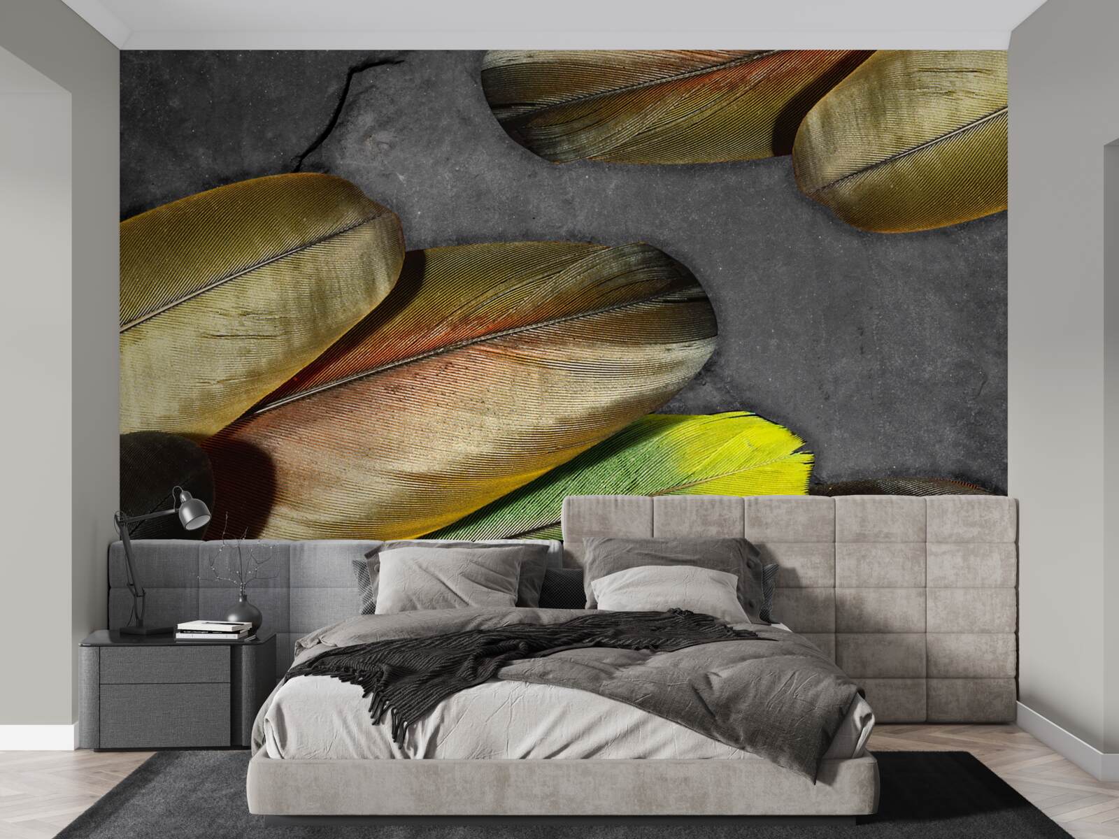 Papier peint plumes dorées scintillantes sur fond gris