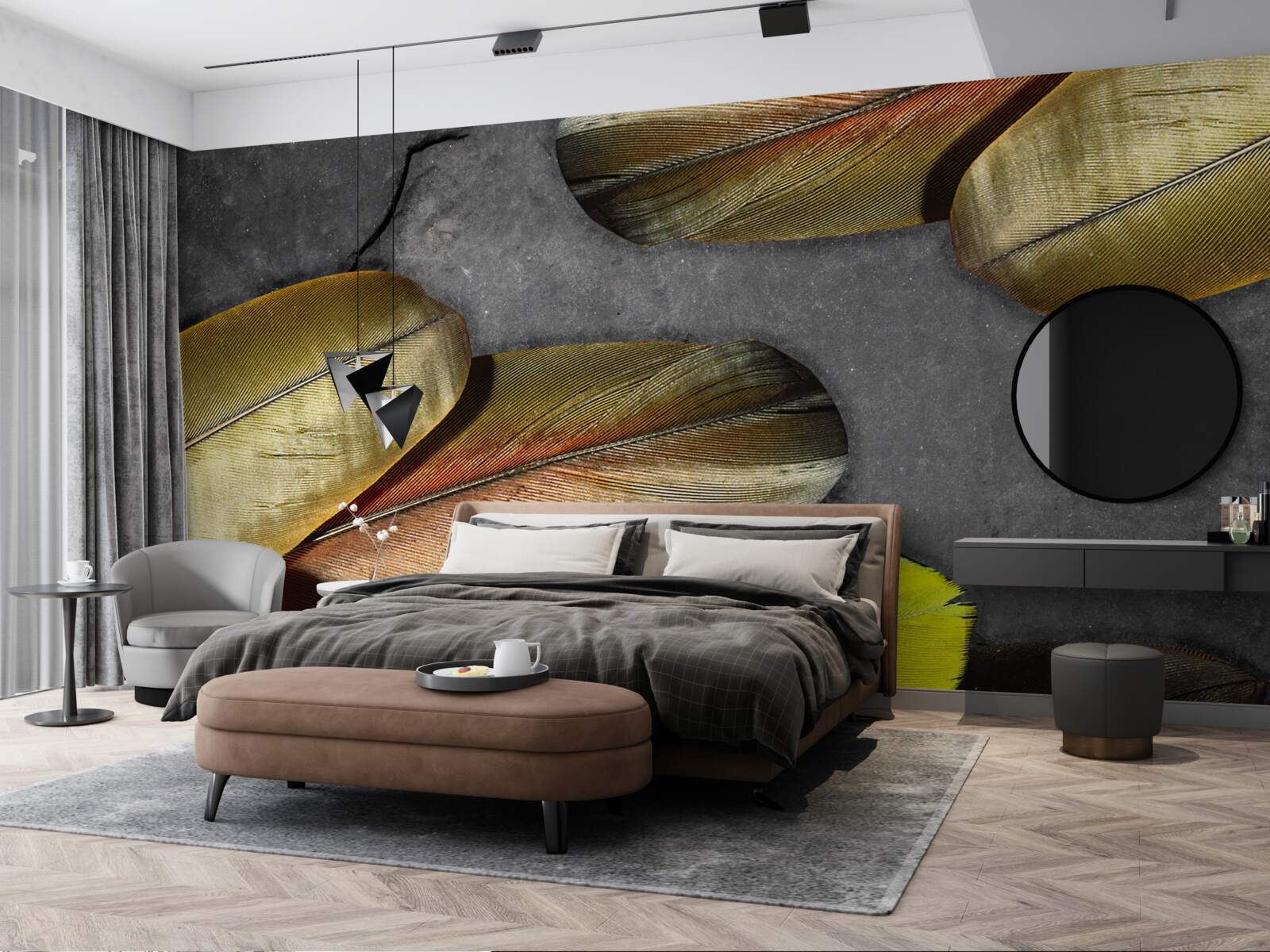 Papier peint plumes dorées scintillantes sur fond gris