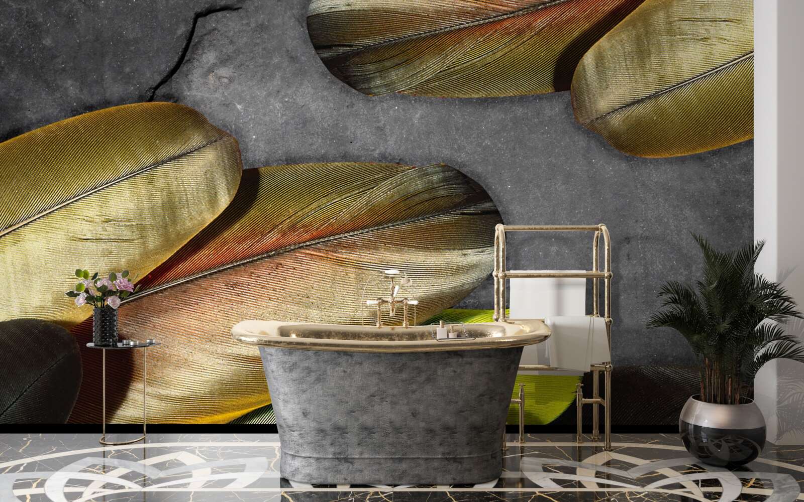 Papier peint plumes dorées scintillantes sur fond gris