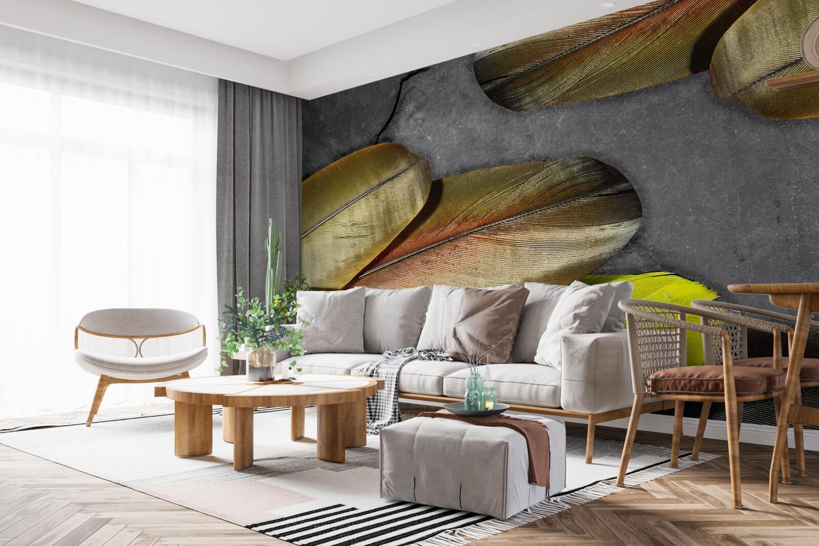 Papier peint plumes dorées scintillantes sur fond gris