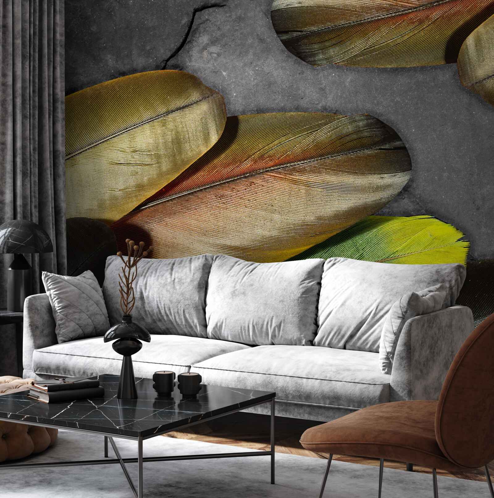 Papier peint plumes dorées scintillantes sur fond gris