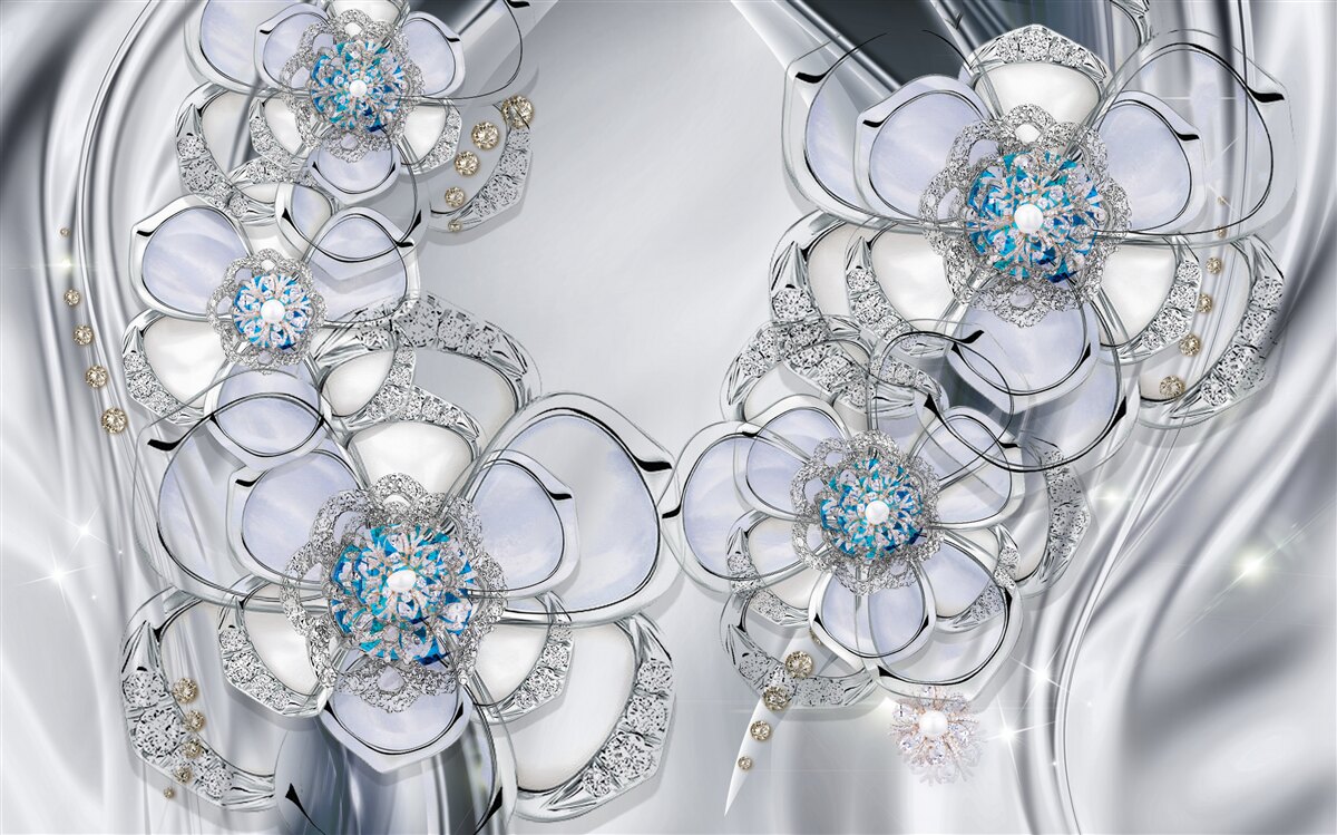 Papier peint bourgeons argentés avec diamants bleus