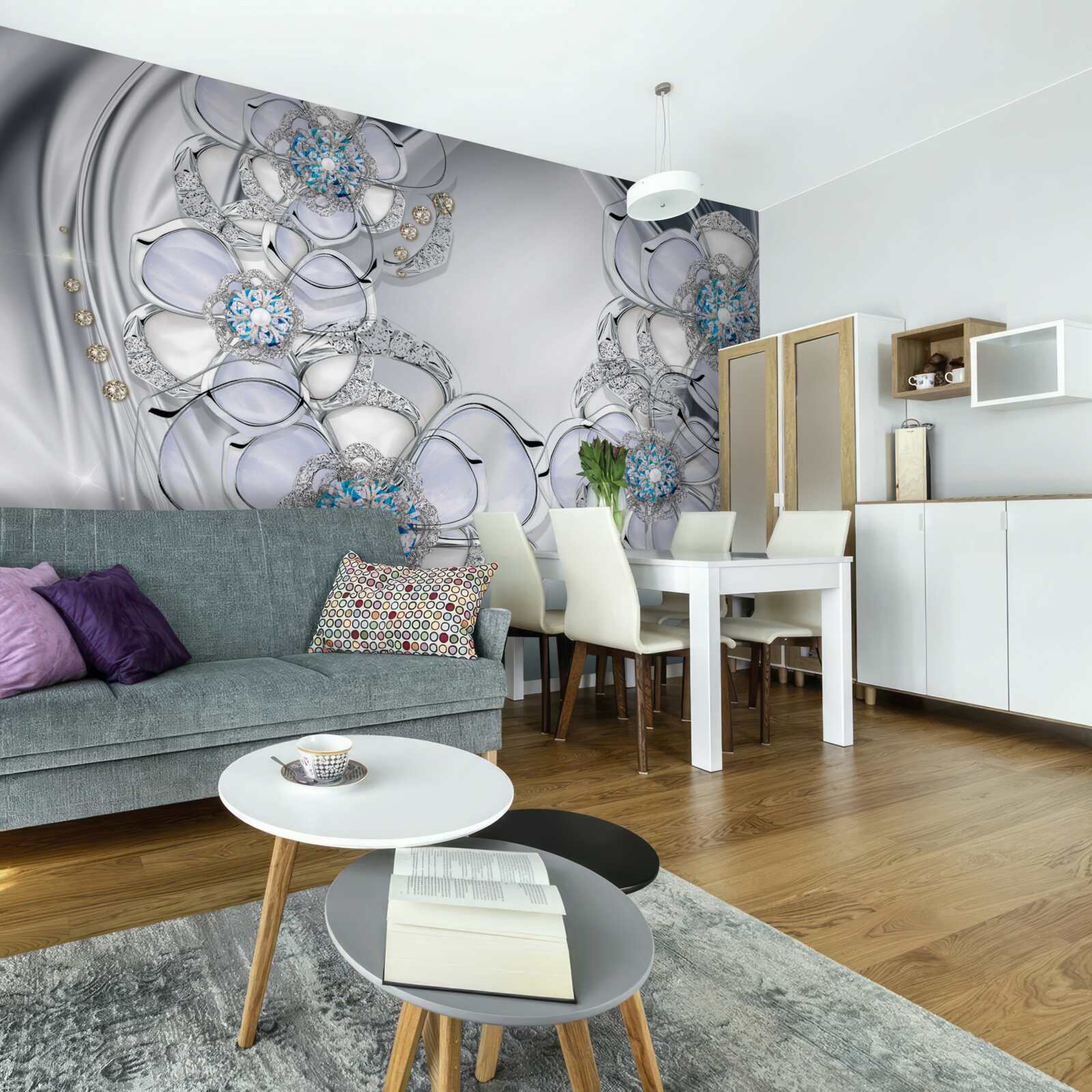 Papier peint bourgeons argentés avec diamants bleus