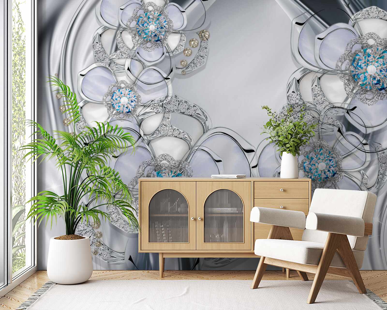 Papier peint bourgeons argentés avec diamants bleus