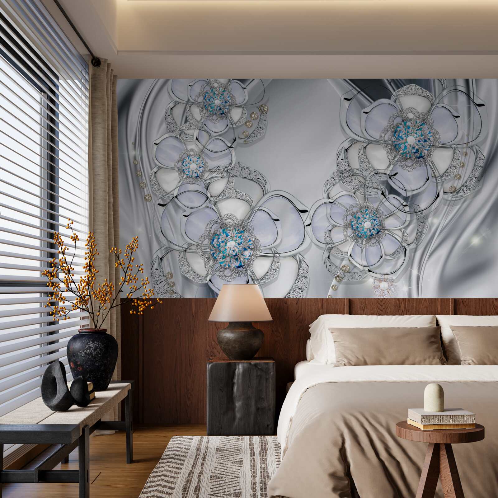 Papier peint bourgeons argentés avec diamants bleus