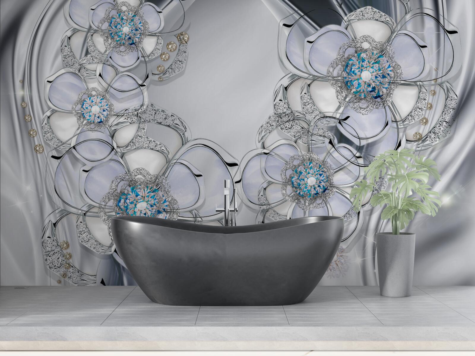 Papier peint bourgeons argentés avec diamants bleus