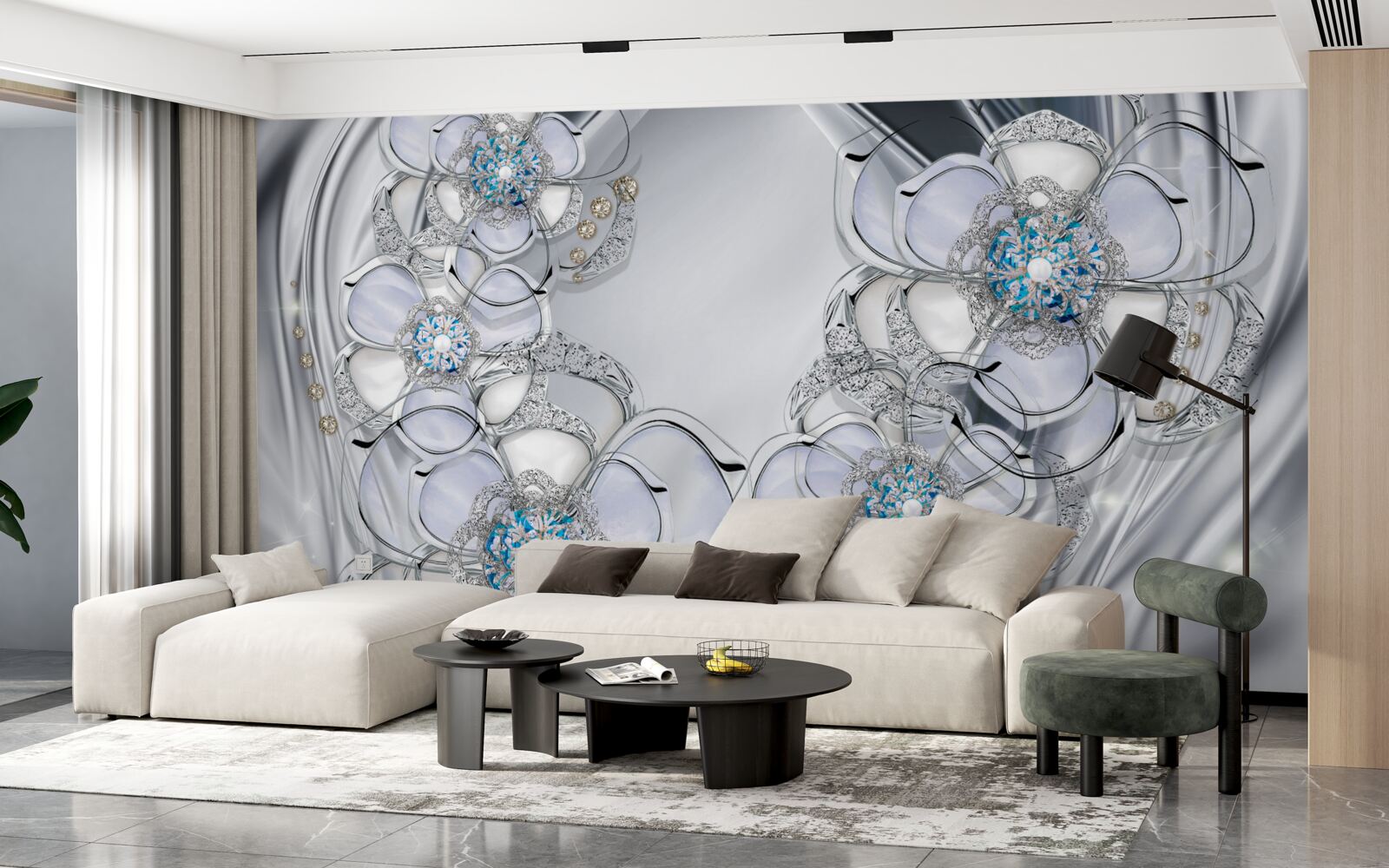 Papier peint bourgeons argentés avec diamants bleus