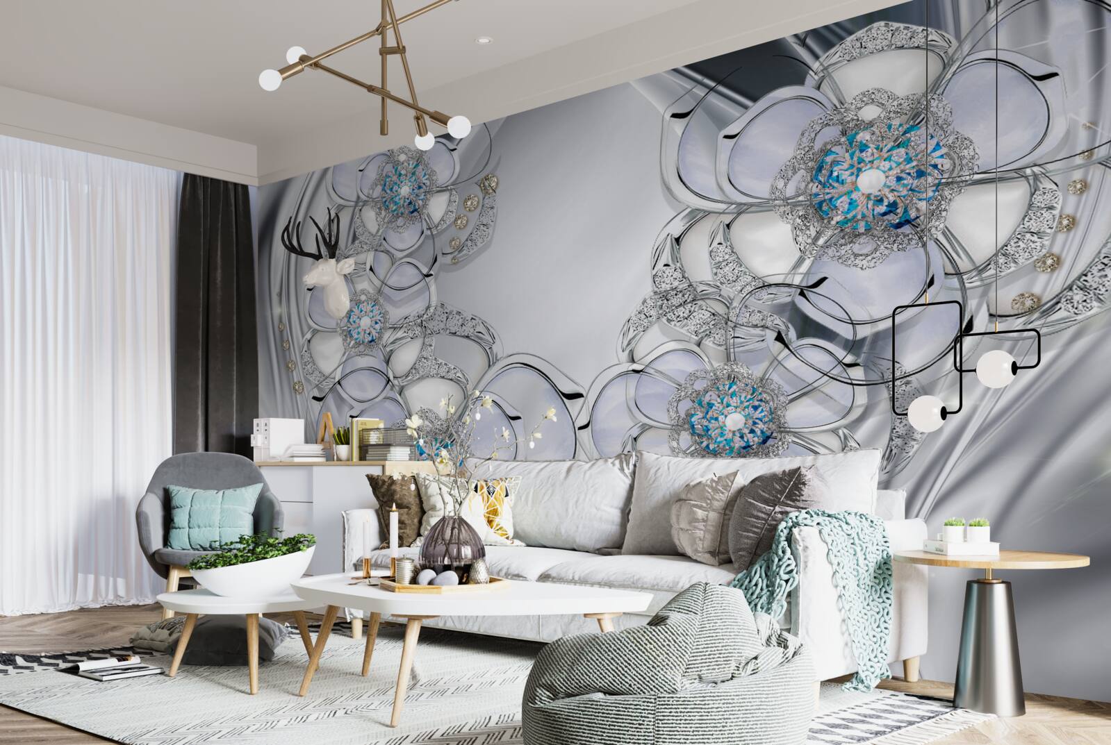 Papier peint bourgeons argentés avec diamants bleus