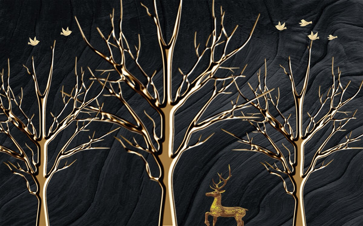 Papier peint un cerf se promène entre les arbres la nuit