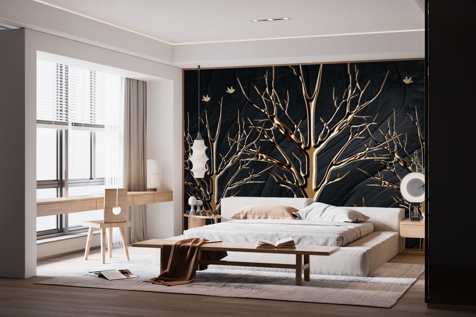 Papier peint un cerf se promène entre les arbres la nuit