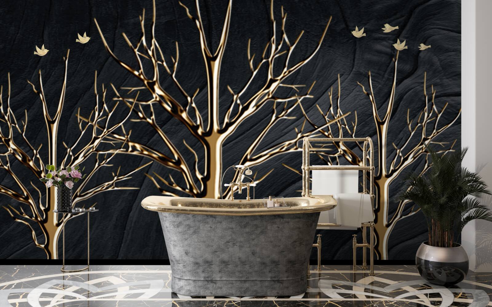 Papier peint un cerf se promène entre les arbres la nuit