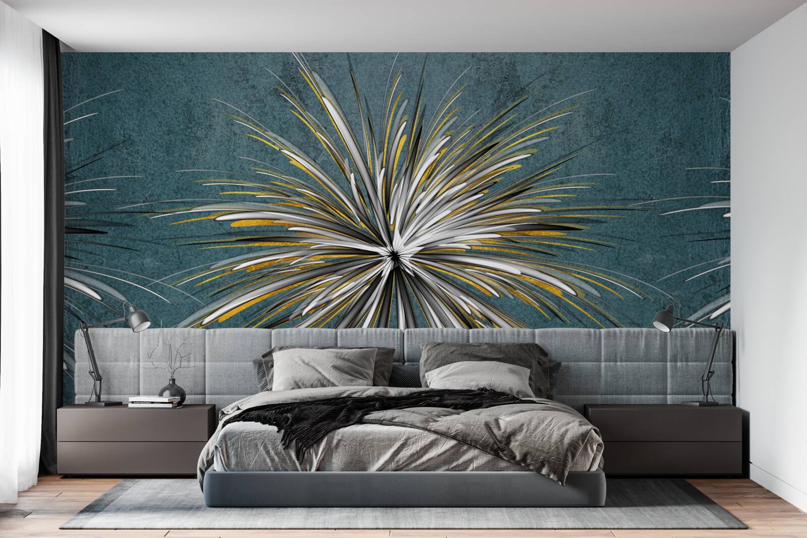 Papier peint branche sur fond bleu duveteux