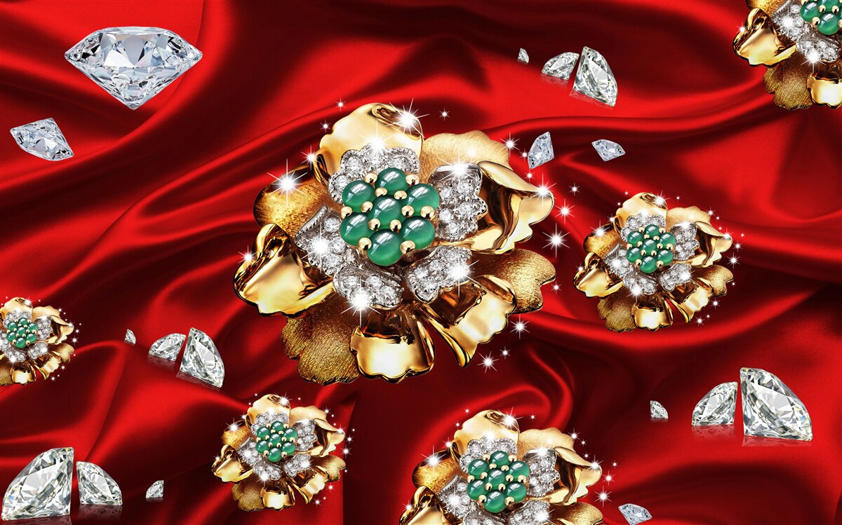 Papier peint des fleurs en or et décorées de diamants sont placées sur de la soie rouge