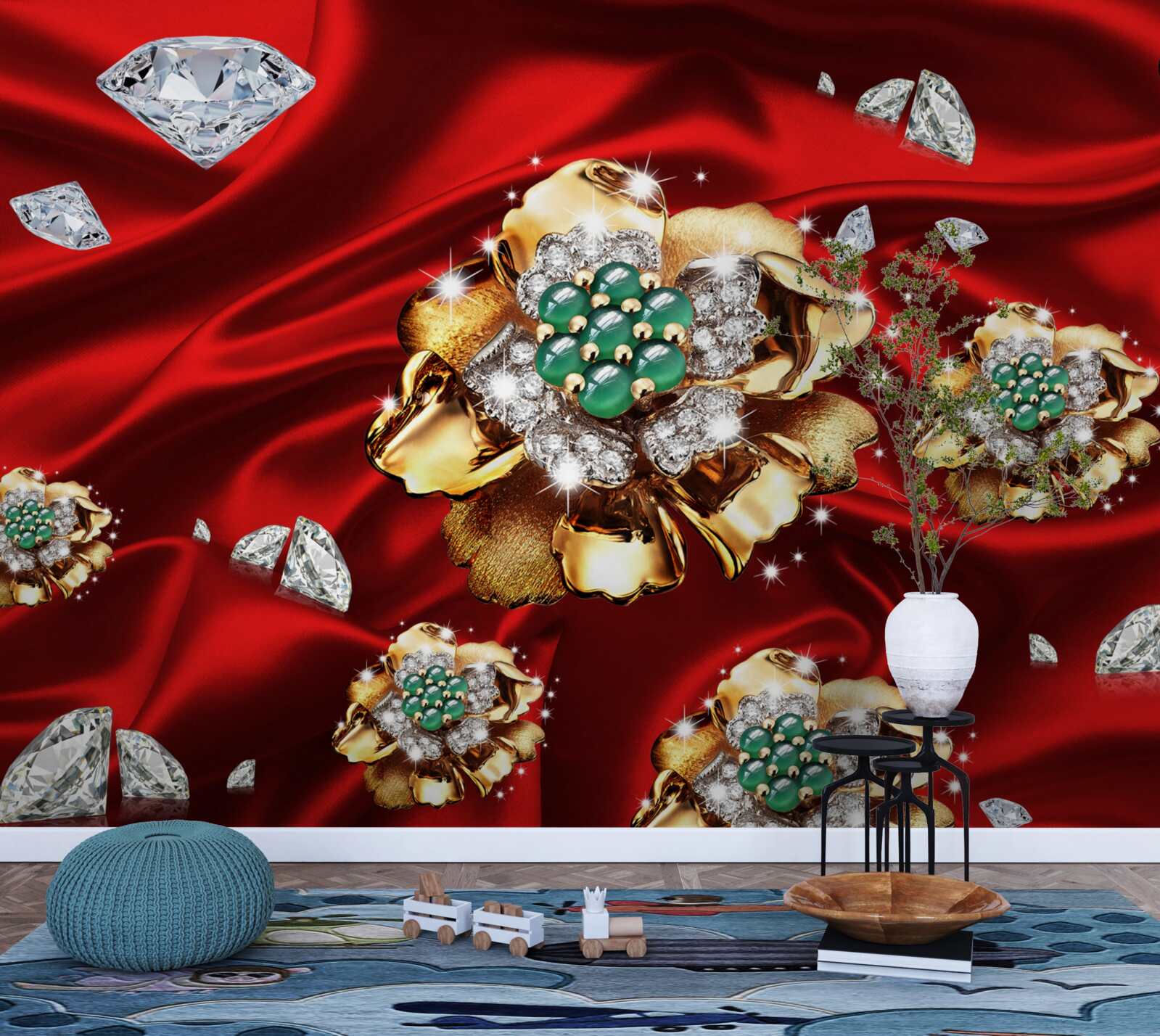 Papier peint des fleurs en or et décorées de diamants sont placées sur de la soie rouge