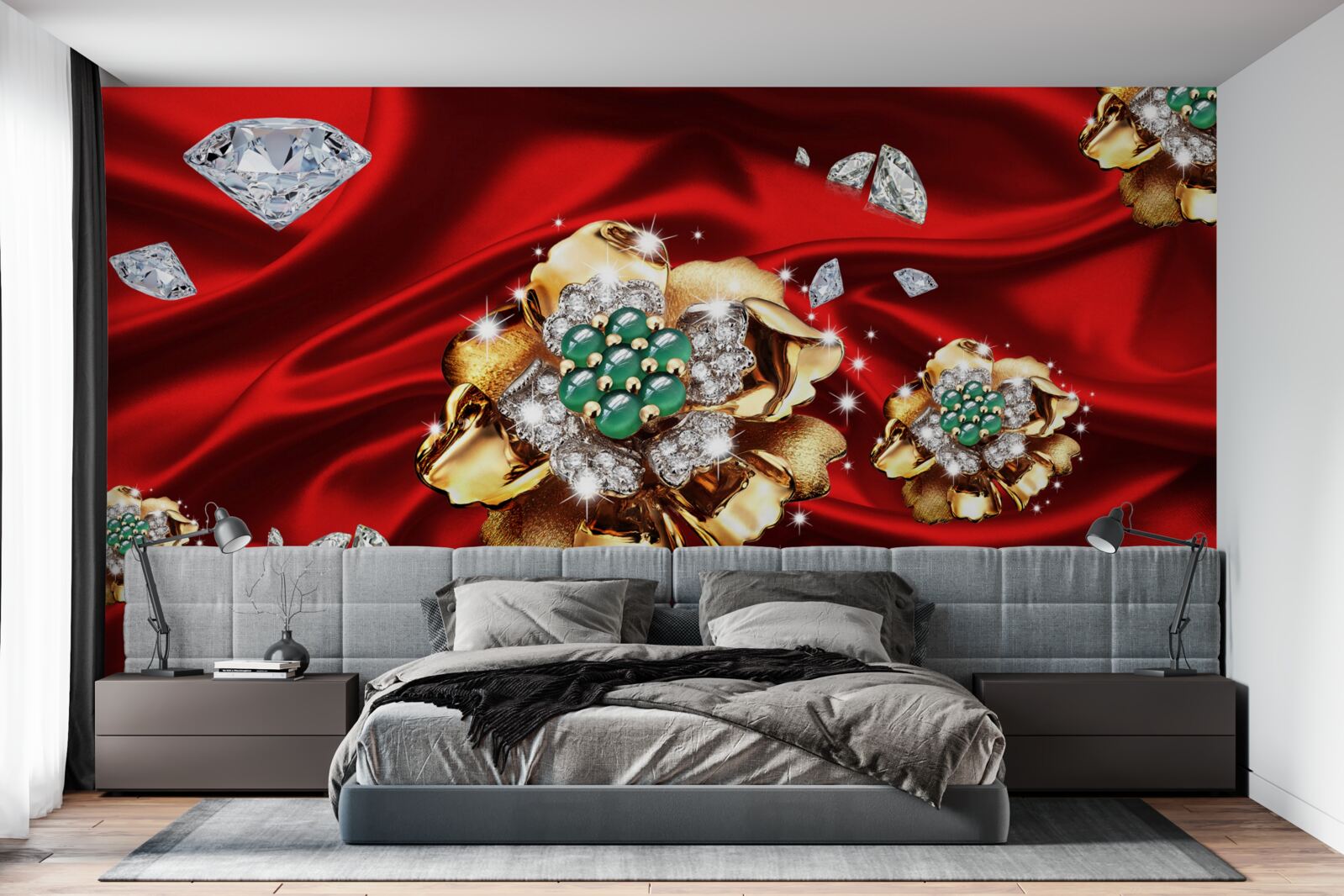 Papier peint des fleurs en or et décorées de diamants sont placées sur de la soie rouge