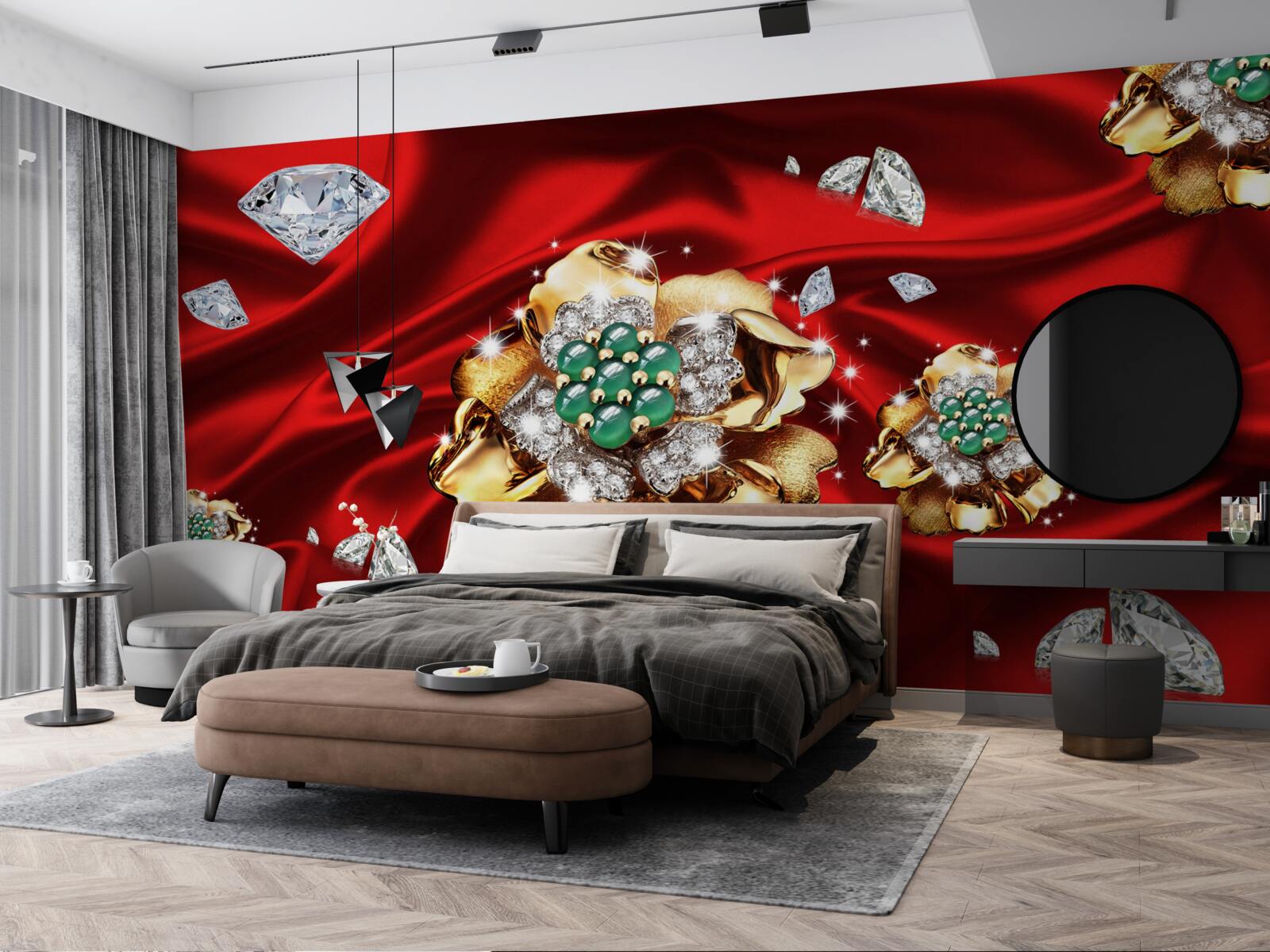 Papier peint des fleurs en or et décorées de diamants sont placées sur de la soie rouge