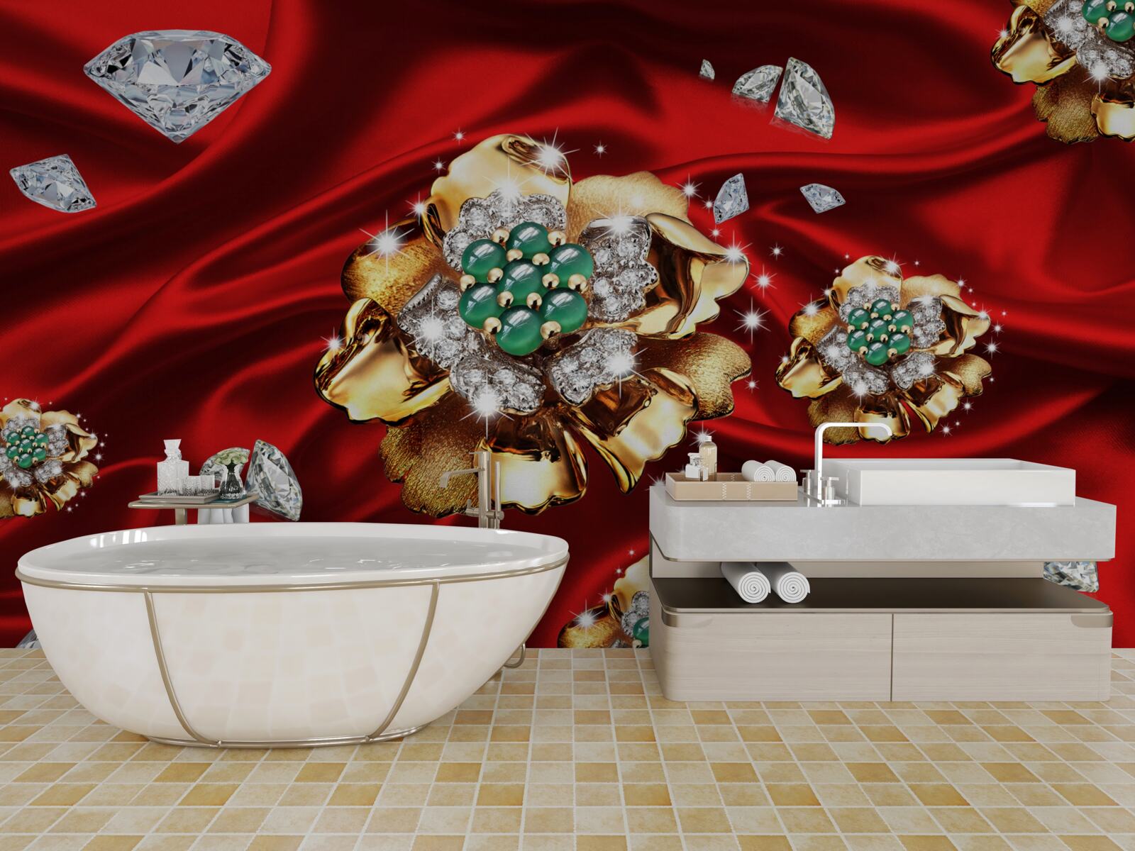 Papier peint des fleurs en or et décorées de diamants sont placées sur de la soie rouge