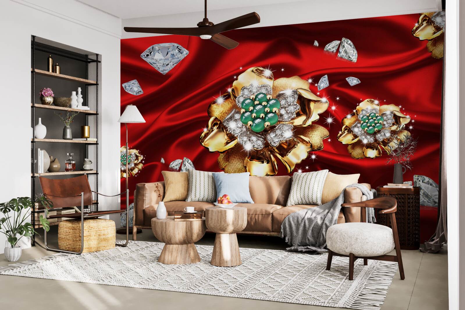 Papier peint des fleurs en or et décorées de diamants sont placées sur de la soie rouge