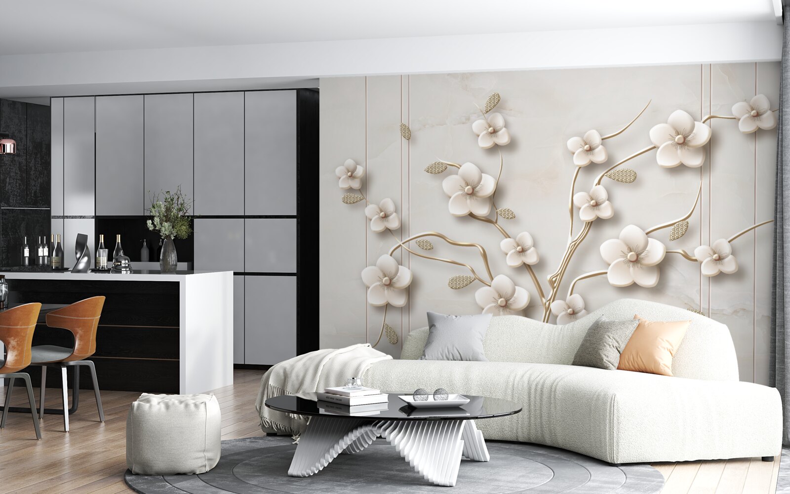 Papier peint arbre à fleurs blanches