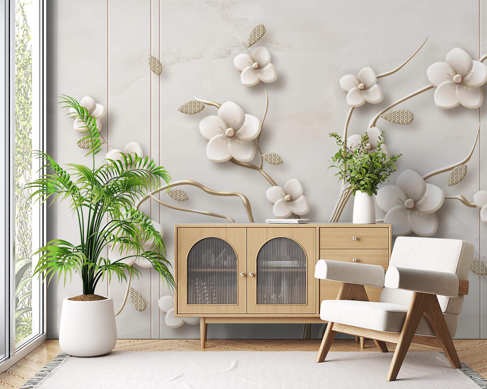 Papier peint arbre à fleurs blanches