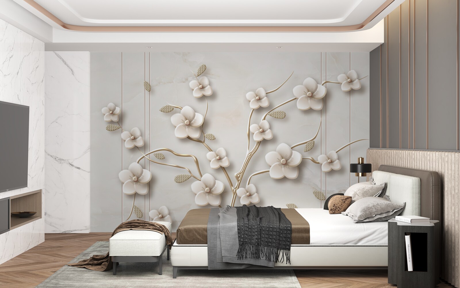 Papier peint arbre à fleurs blanches