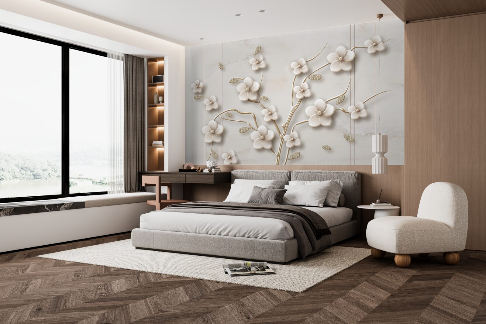 Papier peint arbre à fleurs blanches