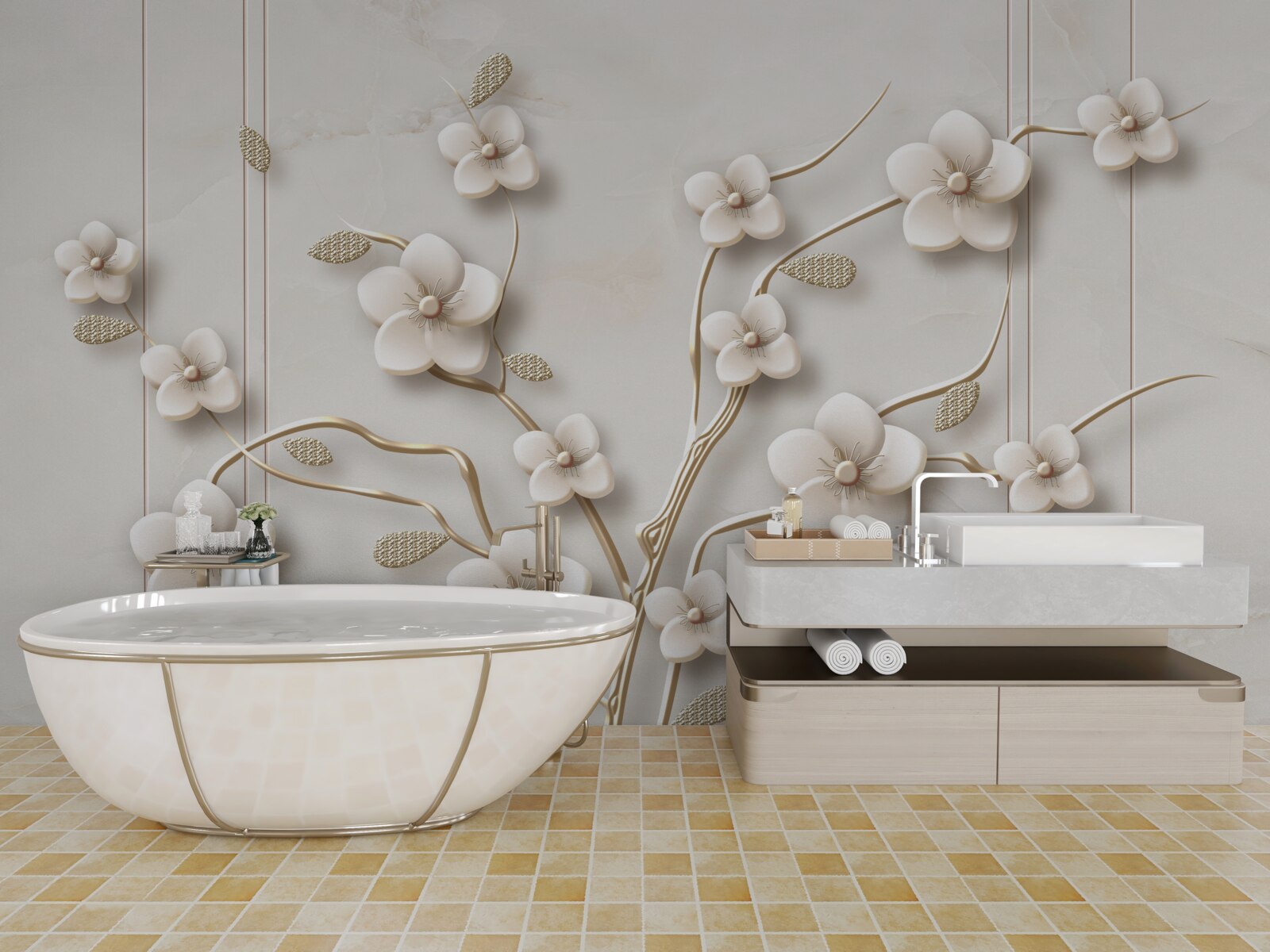 Papier peint arbre à fleurs blanches