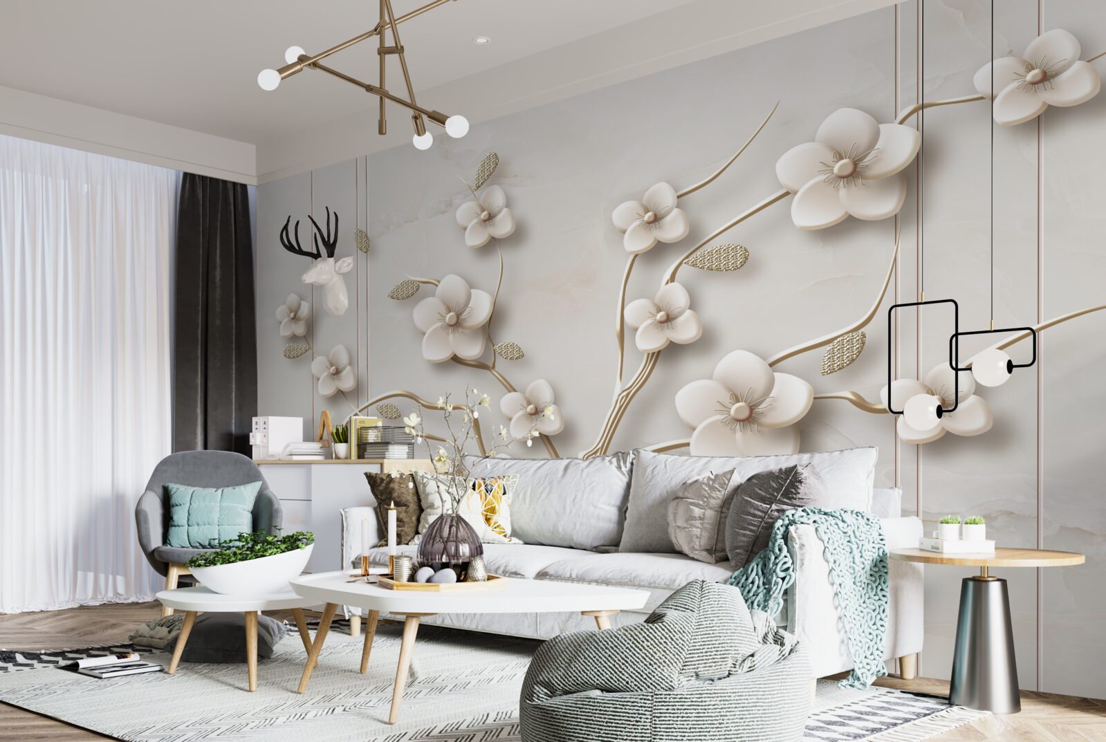 Papier peint arbre à fleurs blanches