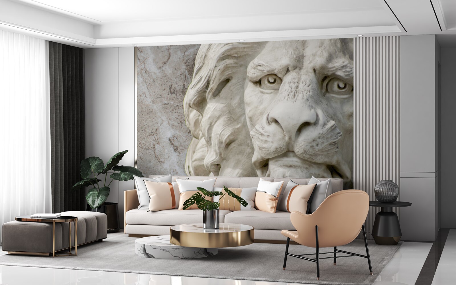 Papier peint tête de lion en bas-relief